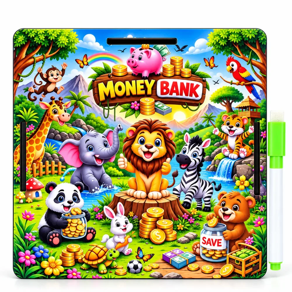 Wooden Money Bank Savings Board for Kids with Marker | Educational Piggy Bank